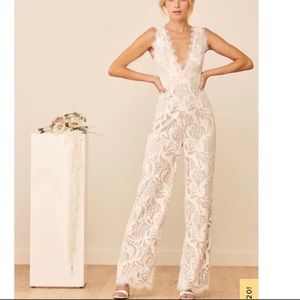 Lulus Enamored With You White Lace Wide-Leg Jumpsuit • Bridal